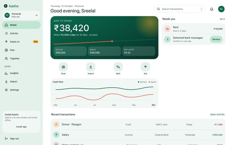 The Kasho dashboard: net worth, this month's income and spending, and spending by category